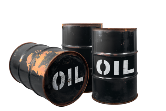 Barrel of oil. Rusty dangerous barrel with fuel or crude oil on isolated background