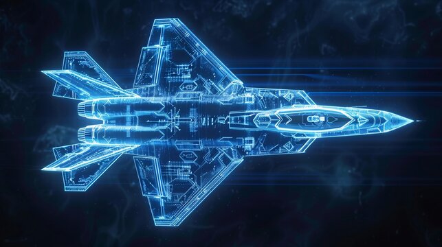 An illustration of fighter jet in blue print wireframe , A fighter jet is depicted in the center of an air battle map with data and holographic images against a dark blue background