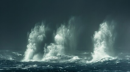 Obraz premium The oceans surface in turmoil as a trio of water spouts intertwine and spin a symphony of raw energy.