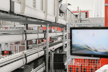 packing line in a logistics warehouse. conveyor belt in a modern production line