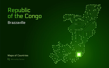 Republic of the Congo Map with a capital of Brazzaville Shown in a Microchip Pattern with processor. E-government. World Countries vector maps. Microchip Series	
