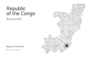 Republic of the Congo Map with a capital of Brazzaville Shown in a Microchip Pattern with processor. E-government. World Countries vector maps. Microchip Series	