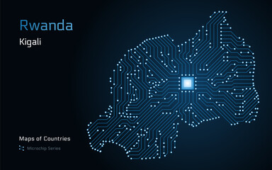 Rwanda Map with a capital of Kigali Shown in a Microchip Pattern with processor. E-government. World Countries vector maps. Microchip Series	