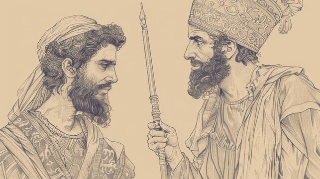 Biblical Illustration: Esther and Mordecai, Saving Jews from Haman's Plot, Royal Setting, Beige Background, Copyspace