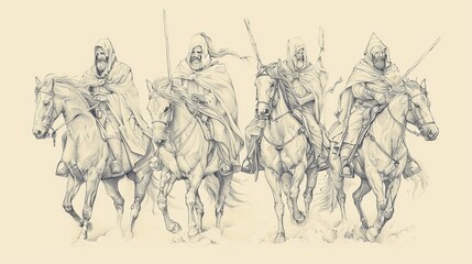 Biblical Illustration: The Four Horsemen, Apocalypse Riders, Conquest, War, Famine, Death, Beige Background, Copyspace