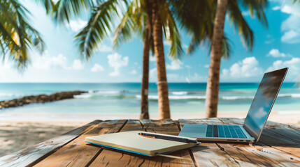 laptop on a wooden table on tropical beach - travel work concept
