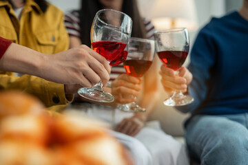drinks and conversation, social gathering and get together. Young people, group and happiness at fast food pizzeria, celebration at home.