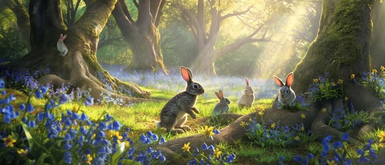 A sun-dappled forest glade carpeted with a vibrant tapestry of bluebells and forget-me-nots, where a family of rabbits frolics among the ancient trees, heralding the arrival of Spring. 