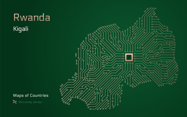 Rwanda Map with a capital of Kigali Shown in a Microchip Pattern with processor. E-government. World Countries vector maps. Microchip Series	