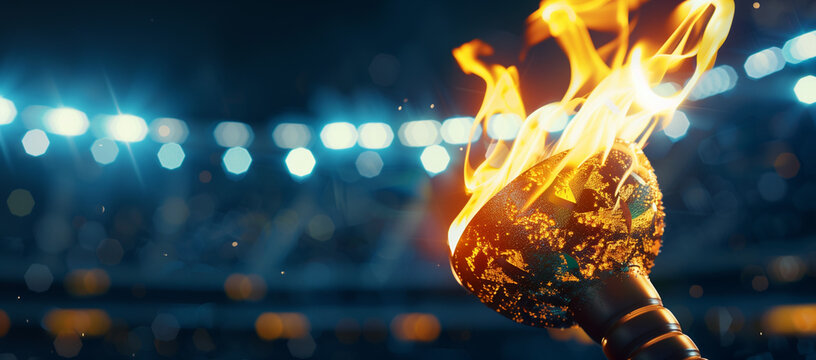 Closeup of a burning olympic torch with a flame against a blurred stadium at night, perfect as wallpaper