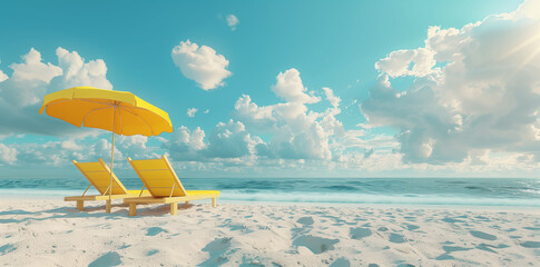 Yellow beach chairs and umbrella on the beach in summer