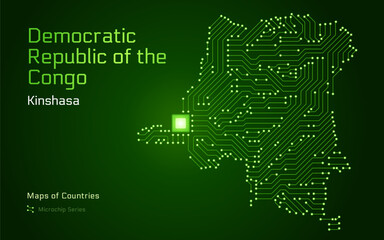 Democratic Republic of the Congo Map with a capital of Kinshasa Shown in a Microchip Pattern with processor. E-government. World Countries vector maps. Microchip Series	