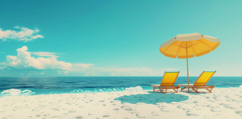 Yellow beach chairs and umbrella on the beach in summer