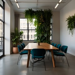 A cooperate meeting room decorated with plants 
