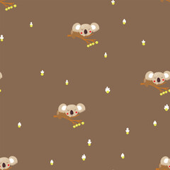 Seamless pattern with cute koala baby on color background. Funny australian animals. Card, postcards for kids. Flat vector illustration for fabric, textile, wallpaper, poster, paper