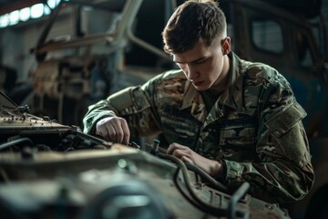 Male military engineer working on vehicle in mechanics workshop