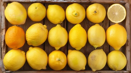  A crate brimming with numerous lemons, accompanied by a few oranges, and a lemon slice atop each lemon, situated in front of the crate