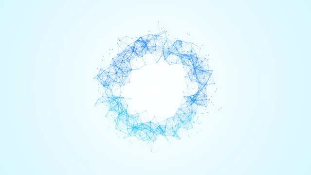 Animated blue ring symbol. Logo frame. Pattern of plexus chaotic lines and dots. Chemical bonding of molecules. Force of gravity. Screensaver for technology, presentations, business. 4k