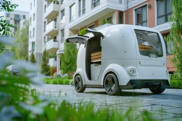 Autonomous Car, delivery vehicle to people in front of the house , Generative AI