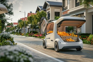 Autonomous Car, delivery vehicle to people in front of the house , Generative AI
