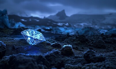 Obraz premium Brilliant diamonds that sparkle in blue tones contrast with the dark and mysterious landscape.