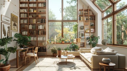 Fototapeta premium Inspiring Home Office: Natural Light, Wooden Bookshelves, Comfortable Seating