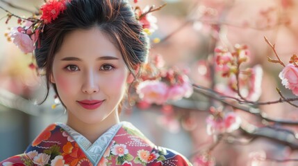 Portrait of a beautiful Japanese woman in traditional kimono with pink cherry blossoms in the background