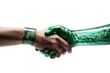 Isolated Handshake between white Skin Right Hand with wristband and sci-fi Robot Hand and arm with green mechanisms under the surface skin