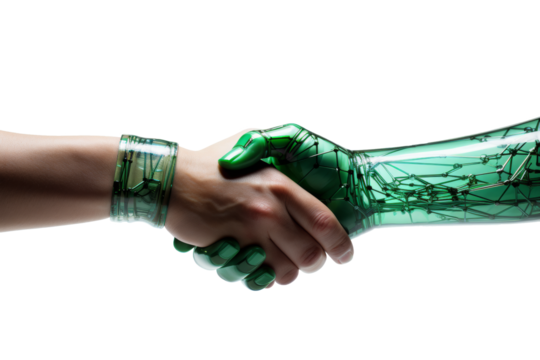 Isolated Handshake between white Skin Right Hand with wristband and sci-fi Robot Hand and arm with green mechanisms under the surface skin