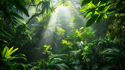 A dense jungle canopy alive with the vibrant hues of exotic flora, with shafts of sunlight piercing through the foliage to illuminate the forest floor below.