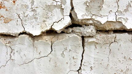  A detailed shot of peeling white paint on a wall The exterior and interior layers both exhibit paint coming loose from the surface