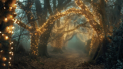 A mystical, ancient forest cloaked in mist, where hidden pathways wind through towering trees adorned with shimmering fairy lights.