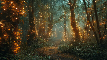 A mystical, ancient forest cloaked in mist, where hidden pathways wind through towering trees adorned with shimmering fairy lights.