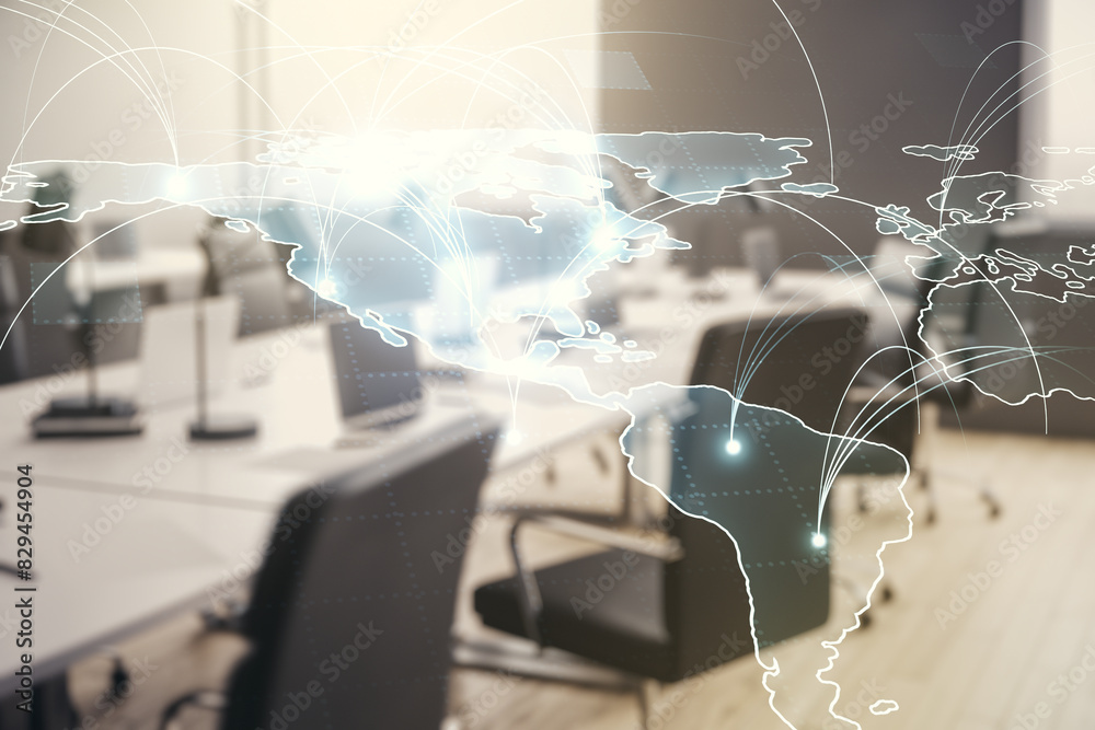 Poster abstract graphic digital world map hologram with connections on a modern furnished classroom backgro