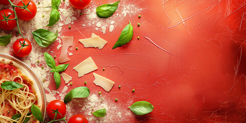Italian food creative red background for menu and restaurant. Typical Italian dishes in Italy. Pizza, pasta, cheese, parmesan, basil, herbs, tomatoes, and tomato sauce. Food menu, copy space design.