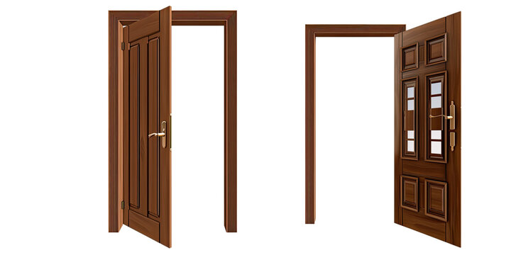 A set of two brown wooden doors in different designs, one with solid panels and the other with glass inserts, both shown in an open position against a transparent background.