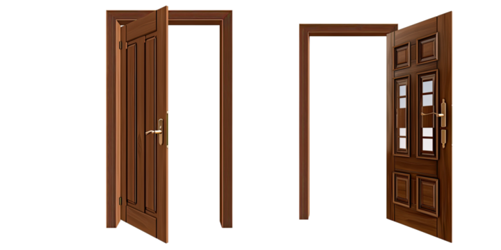A set of two brown wooden doors in different designs, one with solid panels and the other with glass inserts, both shown in an open position against a transparent background.