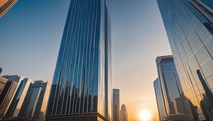 Fototapeta premium Sunrise over the street of glass skyscrapers 