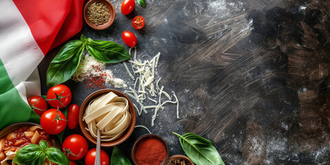 Italian food creative background for menu and restaurant. Typical Italian dishes in Italy. Pizza, pasta, cheese, parmesan, basil, herbs, tomatoes, and tomato sauce. Food menu, copy space design.