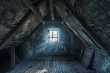 Fototapeta premium Abandoned hostel. Creepy dirty and abandoned bedroom with cracked walls and double-decker bed. Beautiful simple AI generated image in 4K, unique.