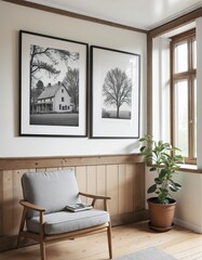 Mockup frame in farmhouse living room interior, cozy home