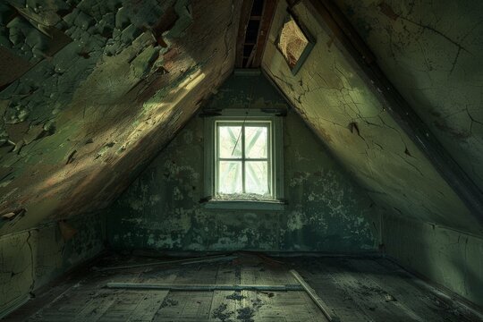 Depressing abandoned room with centered window - landscape color photo. Beautiful simple AI generated image in 4K, unique.