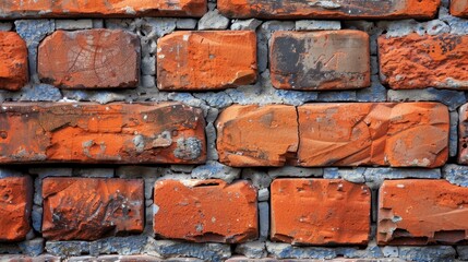 Obraz premium A tight shot of a red brick wall, displaying chipped and peeling paint on the edges, with rusted areas visible on both the bricks and their paint surfaces