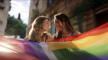 Two girls look at each other affectionately and hold rainbow flags at LGBT proud parade girls love illustration