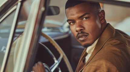 A handsome black man with short hair and a goatee, wearing an open brown suit jacket, sits in the back seat of a vintage car. In the style of a black male model, it is fashion photography with - Powered by Adobe
