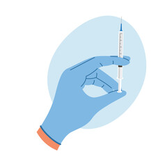 Doctor hand in gloves with syringe with vaccine liquid. Nurse hand in medical gloves hold syringe and ampoule with medicine. Vaccination concept