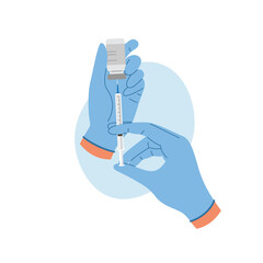 Doctor hand in gloves with syringe with vaccine liquid. Nurse hand in medical gloves hold syringe and ampoule with medicine. Vaccination concept
