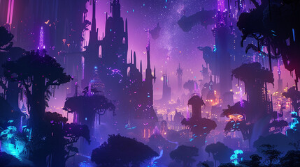 A surreal, alien cityscape bathed in the soft glow of bioluminescent flora, where towering spires pierce the night sky like beacons of light.