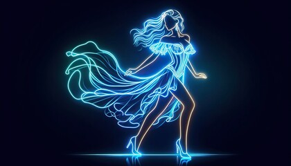 Neon outline of a dancing woman in a flowing dress with one arm raised and the other holding her dress against a dark background