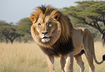 Portrait of Africa lion leo that looking at camera, king of the savanna